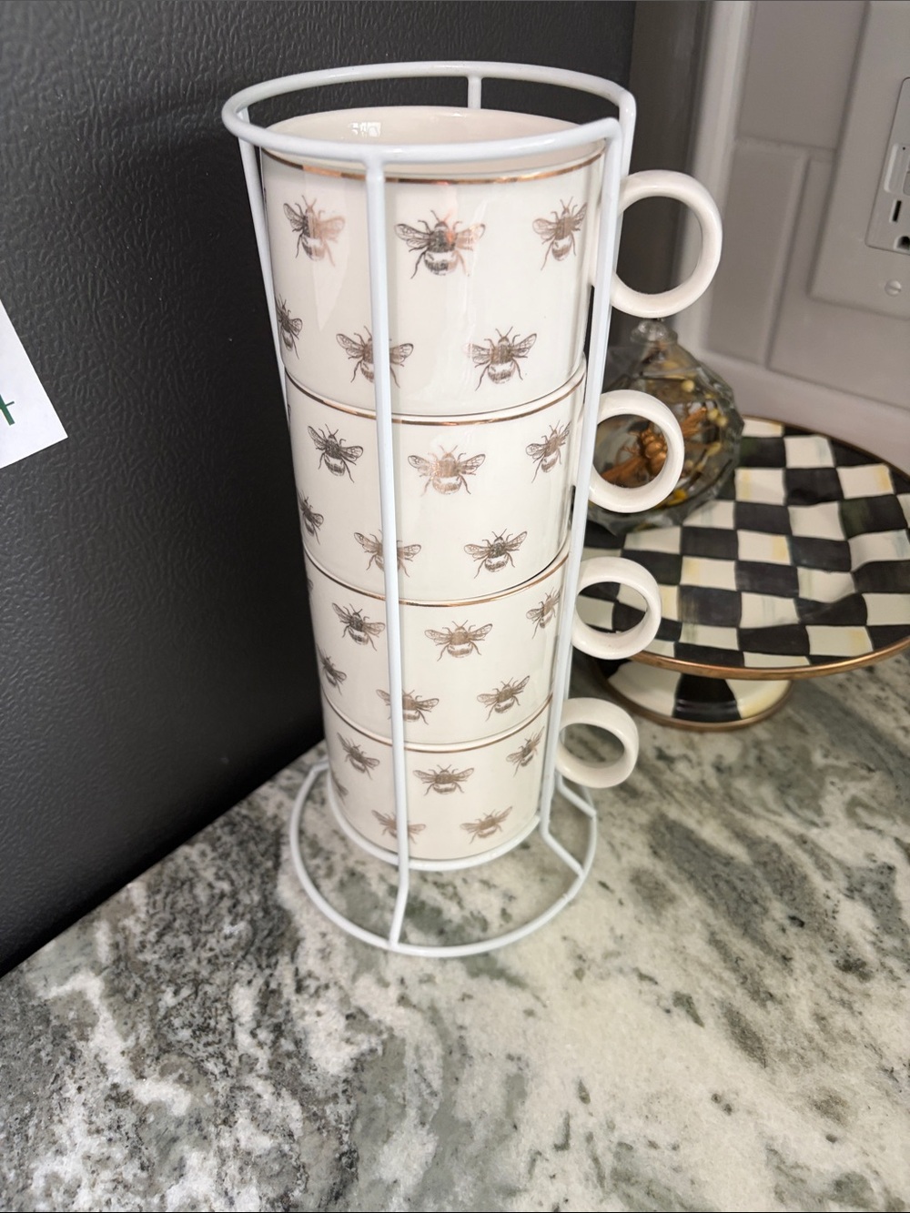 Stackable White Bee Print Ceramic Coffee Mugs with Stand
